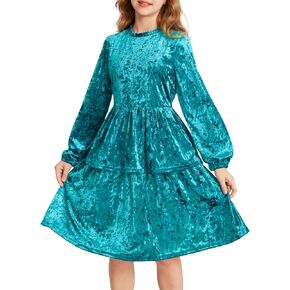 GRACE KARIN Girls Velve Party Dress Fall Long Sleeve Formal Holiday Pageant Fancy Tiered Dress with Bow Size 5-12