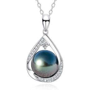 13mm Tahitian Black Pearl Necklace Pear Pendant Moissanite Sterling Silver Necklaces Birthday Anniversary Mothers Day Valentines Day Christmas Gifts for Mom Her Women