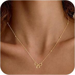 Gold/Silver Necklace for Women,Bow Necklace Dainty 14K Gold Plated Tiny Bow Pendant Pearl Beads Chain Choker Necklaces Trendy Jewelry