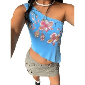 Floerns Women's Sleeveless One Shoulder Floral Print Asymmetrical Hem Tank Top