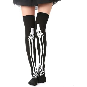 Women's Tall Knee High Socks Skeleton Bone Frame Thigh High Long Over Knee Socks for Halloween Cosplay Party Festival Stocking, Black