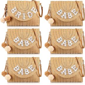 6 قطع من حقيبة العروسة المصنوعة من القش لحفلات الزفاف والعروس، حقيبة يد من حجر الراين لعطلة نهاية الأسبوع للنساء على الشاطئ وشهر العسل وعطلة الزفاف وهدية للحفلات in Kuwait