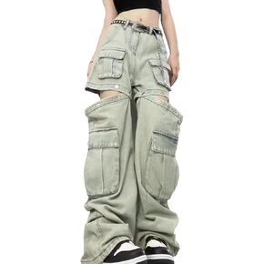 Women's Gothic Overalls Vintage Multi Pocket Washed Jeans High Waisted Straight Tube Loose Fitting Pants Y2K Jeans