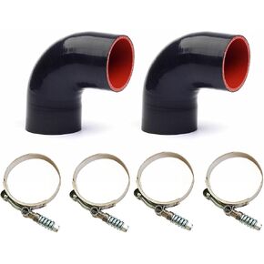 2 PCS 2" 90 DEGREE ELBOW COUPLER BLACK-RED SILICONE HOSE COUPLER TURBO PIPE +4 CLAMPS