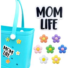 8 pcs MomLife and Flowers Bogg Bag Accessories, Mom Life Style Bag Charms for Bogg Bag, Simple Modern Bag and other Beach Bags (1 Momlife charm + 7 colorful Flowers charm)