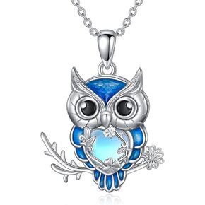 Owl Necklace 925 Sterling Silver Owl Pendant Heart Moonstone Necklace Owl Jewelry Gifts for Women