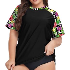 FOREYOND Women's Plus-Size Short Sleeve Rash Guard Swim Shirt with UPF 50+ Sun Protection for Bathing Suits and Swimwear