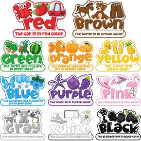Outus 11 Pcs Color Poster for Preschool Classroom Bulletin Board Set 16.5x11.5in Fruit Animal Vegetable Words Learning Color Cutouts with 100 Pcs Glue Point for Toddler Kid Classroom (English Style)