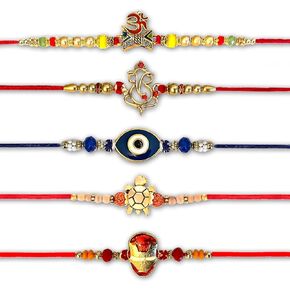 Rakhi for Brother Set of 5 on Raksha Bandhan | Rakih Bracelets Set of 5 | Designer Ganesh OM Rudraksha with Sandalwood Rakhi