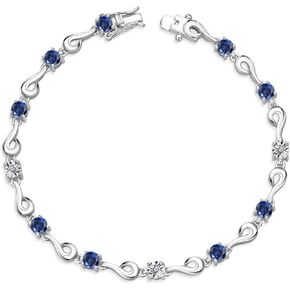 Gem Stone King 925 Sterling Silver Blue Created Sapphire and White Lab Grown Diamond Bracelet For Women (2.27 Cttw, Gemstone September Birthstone, Round 4MM, 6.5, 7, 7.5 Inches)