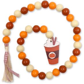 Huray Rayho اليقطين التوابل الخشب الخرزة إكليل ديكورات المزرعة الخريف الخرز الخشبي الريفي موسم الخريف ديكور صينية متدرجة مع شرابات بنية منقوشة زخارف اليقطين التوابل لاتيه in Kuwait