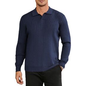 Hardaddy Men's Ribbed Knit Sweater Collared V Neck Polo Shirts Casual Long Sleeve Polo Sweater Solid Pullover Tops in Kuwait