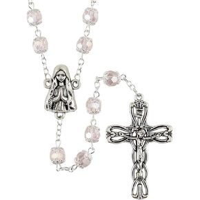 Delicate Pink Glass Bead Rosary with Traditional Crucifix and Madonna Centerpiece, 21 Inches, Gift Box Included in Kuwait