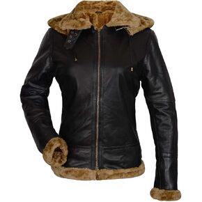 Womens B3 Bomber Jacket Real Sheepskin Leather Removable Hoodie Fur Shearling Raf Aviator Black Winter Jacket
