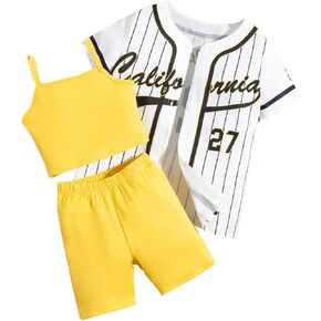 Floerns Girl's 3 Piece Outfits Short Sleeve Baseball Shirt Cami Top and Shorts Set