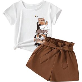SweatyRocks Girl's 2 Piece Outfits Cute Graphic Tees Top with High Waisted Shorts Set