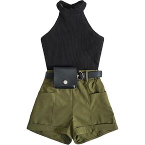 WDIRARA Girl's 2 Piece Outfit Sleeveless Ribbed Knit Halter Top and Cargo Shorts Set