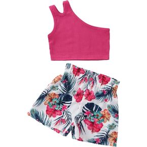 OYOANGLE Toddler Girls 2 Piece Boho Outfit Cut Out One Shoulder Crop Top Tropical Print Shorts Set