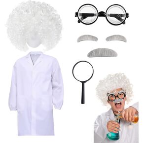 5 Pieces Mad Scientist Costume Accessories,Crazy Mad Scientist Wig Lab Coat Glasses beard Eyebrow for Halloween Cosplay Mad Scientist Costume Party Accessories