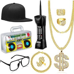 80s 90s Hip Hop Costume Outfit Kit Gold Money Sign Necklace Set Rapper Accessories