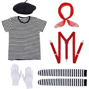 Woman Mime Costume Halloween Adult Men French Mime Artist Costume Outfit Accessories for Dress Up Cosplay Party