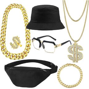 80S 90S Outfit for Men Fake Gold Chain Bracelet Fanny Pack Dollar Sign Ring Halloween Party Rapper Hip Hop Costume Accessories
