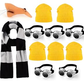 12 Pcs Halloween Costume Accessories Includes Vintage Steampunk Goggles Grey Striped Knit Scarf Pointy Witch Prosthetic Nose Yellow Beanie Hat for Kids Adults Halloween Party Cosplay Costume