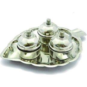 G & D Haldi Kumkum Holder Wedding Navratri Housewarming Return Gift Pooja Accessories Leaf Shaped Thali with Haldi Kumkum 3 Containers Pooja Thali Set Stainless Steel, Silver