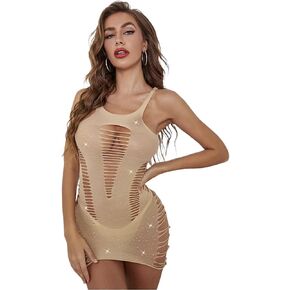 Womens Sparkle Rhinestone Teddy Dress Fishnet Bodysuit Chemise Babydoll One Piece Mini Dress Underwear Brown