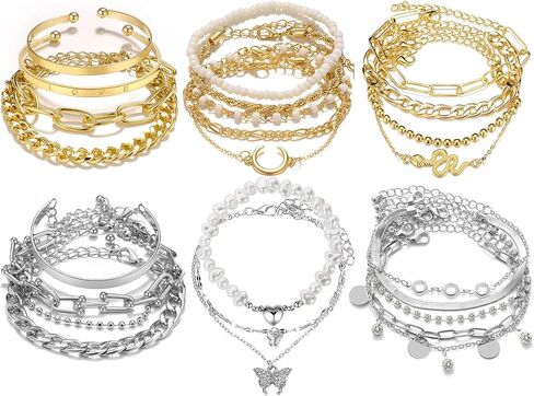 17IF 18-25 PCS(6 Pack) Boho Gold Bracelets Set for Women Stackable Chunky Dainty Bangles Adjustable Chain Flat Cuff Cuban Punk Charm Bundle Jewelry in Saudi Arabia