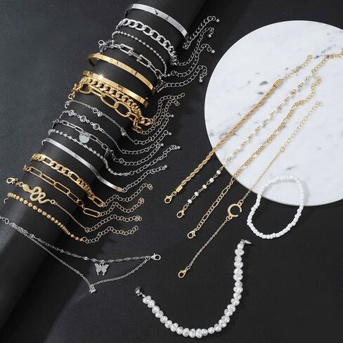 17IF 18-25 PCS(6 Pack) Boho Gold Bracelets Set for Women Stackable Chunky Dainty Bangles Adjustable Chain Flat Cuff Cuban Punk Charm Bundle Jewelry in Saudi Arabia
