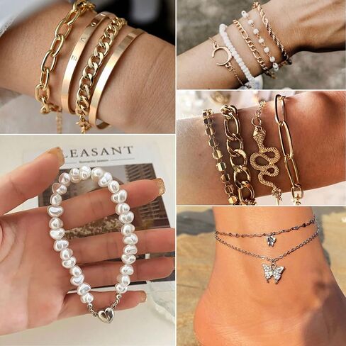 17IF 18-25 PCS(6 Pack) Boho Gold Bracelets Set for Women Stackable Chunky Dainty Bangles Adjustable Chain Flat Cuff Cuban Punk Charm Bundle Jewelry in Saudi Arabia