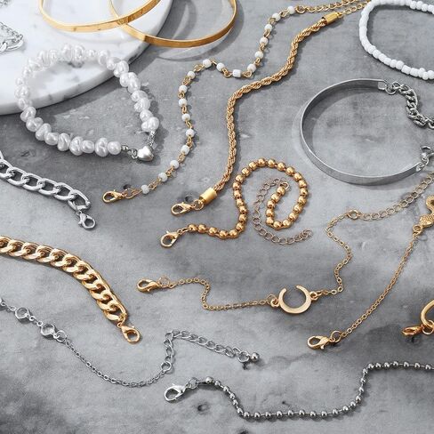 17IF 18-25 PCS(6 Pack) Boho Gold Bracelets Set for Women Stackable Chunky Dainty Bangles Adjustable Chain Flat Cuff Cuban Punk Charm Bundle Jewelry in Saudi Arabia