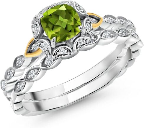 Gem Stone King 925 Sterling Silver and 10K Yellow Gold 5MM Cushion Cut Gemstone Birthstone and White Lab Grown Diamond Bridal Ring Set for Women | Available in Size 5,6,7,8,9 in Saudi Arabia