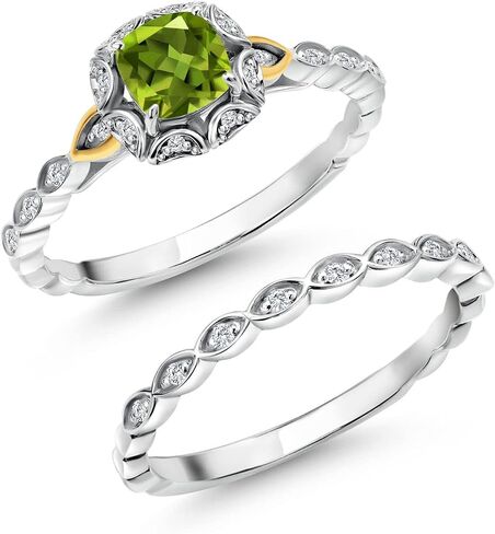 Gem Stone King 925 Sterling Silver and 10K Yellow Gold 5MM Cushion Cut Gemstone Birthstone and White Lab Grown Diamond Bridal Ring Set for Women | Available in Size 5,6,7,8,9 in Saudi Arabia