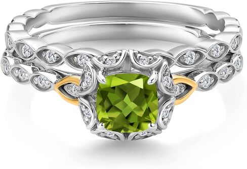 Gem Stone King 925 Sterling Silver and 10K Yellow Gold 5MM Cushion Cut Gemstone Birthstone and White Lab Grown Diamond Bridal Ring Set for Women | Available in Size 5,6,7,8,9 in Saudi Arabia