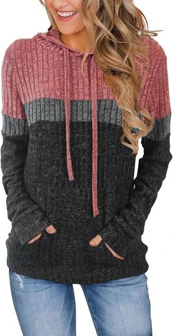 MixShe Women’s Color Block Knit Hoodie – Casual Long Sleeve Pullover Sweater Tops with Pocket in Saudi Arabia