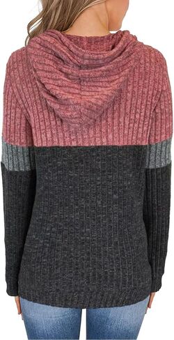 MixShe Women’s Color Block Knit Hoodie – Casual Long Sleeve Pullover Sweater Tops with Pocket in Saudi Arabia