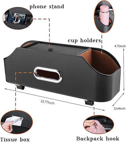 Car Rear seat Storage Box with Two Drink Cup Holders as Well as Tissue Box, Cell Phone Holder and Hook, Versatile Storage, Suitable for Children and car Travel (Black) in Saudi Arabia