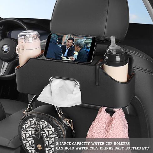 Car Rear seat Storage Box with Two Drink Cup Holders as Well as Tissue Box, Cell Phone Holder and Hook, Versatile Storage, Suitable for Children and car Travel (Black) in Saudi Arabia