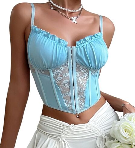 Womens Sexy Lace Patchwork Bustier Crop Tops V Neck Spaghetti Strap Y2K Trendy Going Out Corset Top in Saudi Arabia