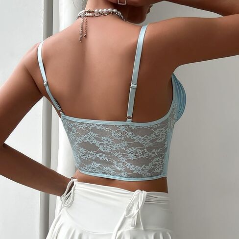 Womens Sexy Lace Patchwork Bustier Crop Tops V Neck Spaghetti Strap Y2K Trendy Going Out Corset Top in Saudi Arabia