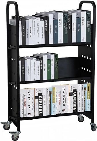 GAOMON Book Cart, 3-Layer V-Shaped Black Library Book Cart, 200LBS Loading Capacity Book Cart with Lockable Rolling Pulleys for Libraries, Bookstores, Classrooms, Offices in Saudi Arabia