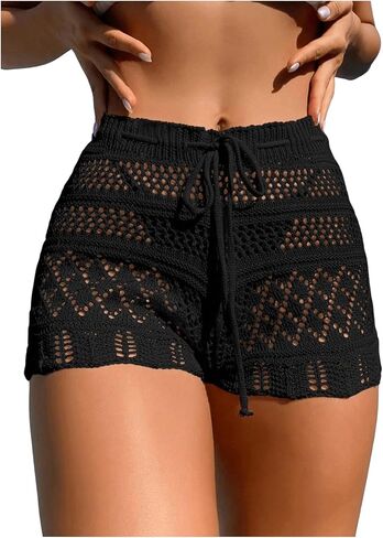 SHENHE Women's Crochet Cover Up Shorts Hollow Out Tie Front Sheer Beach Shorts Coverups in Kuwait