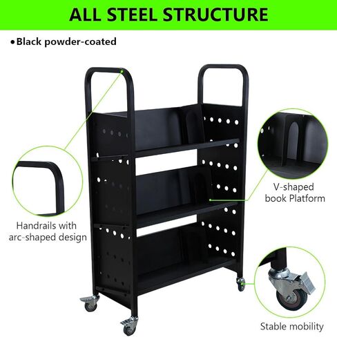 GAOMON Book Cart, 3-Layer V-Shaped Black Library Book Cart, 200LBS Loading Capacity Book Cart with Lockable Rolling Pulleys for Libraries, Bookstores, Classrooms, Offices in Saudi Arabia