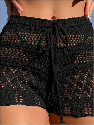 SHENHE Women's Crochet Cover Up Shorts Hollow Out Tie Front Sheer Beach Shorts Coverups in Kuwait