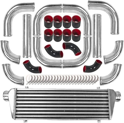 28"x7"x2.5" Universal Intercooler Piping Kit with Front Mount Intercooler + 12pcs 2.5" Chrome Piping + 12pcs Coupler Hoses + 24pcs T-Bolt Clamps (Silver Intercooler) in Saudi Arabia