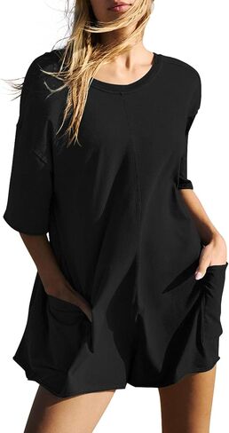 Women's Summer Casual Rompers Short Sleeve Oversized Workout Athletic Tee Romper Onesie Loose Shorts Jumpsuit in Saudi Arabia