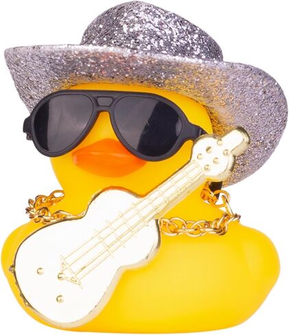 Car Rubber Duck, Yellow Duck Car Dashboard Decorations with Mini Cowboy Hat Musical Instrument Sunglasses Necklace(Sparkling Silver) in Kuwait