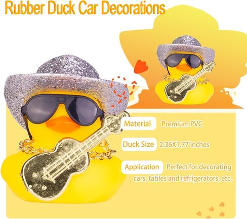 Car Rubber Duck, Yellow Duck Car Dashboard Decorations with Mini Cowboy Hat Musical Instrument Sunglasses Necklace(Sparkling Silver) in Kuwait